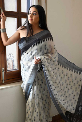 ASHTA Floral Print Kanjivaram Linen Saree(White)