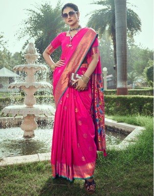 SIRIL Woven, Embellished, Self Design Paithani Silk Blend, Jacquard Saree(Pink, Multicolor)