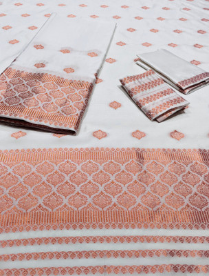 AXOMIYA Woven Mekhela Chador Polyester, Silk Blend Saree(White)