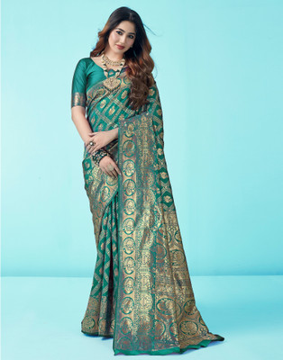 Samah Woven, Embellished, Self Design Banarasi Silk Blend, Jacquard Saree(Green, Gold)