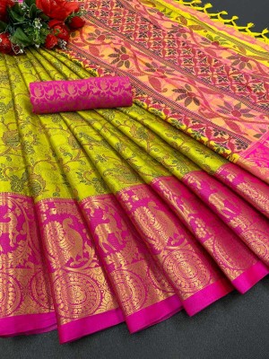 SMARTLOOKS Woven, Self Design Banarasi Cotton Silk Saree(Light Green)