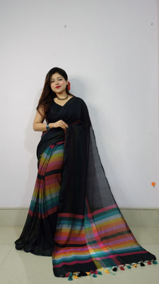 Pushpa Fashion Self Design Handloom Cotton Blend Saree(Black)