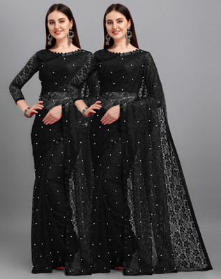 LOROFY Self Design Bollywood Net Saree(Pack of 2, Black)