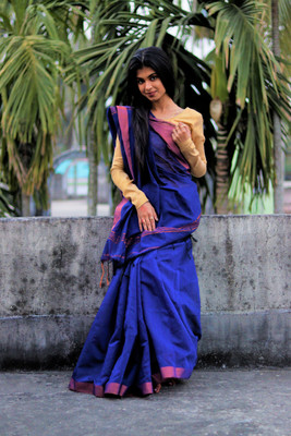 SAYAN CREATION Embroidered, Self Design Handloom Handloom Cotton Silk Saree(Dark Blue)