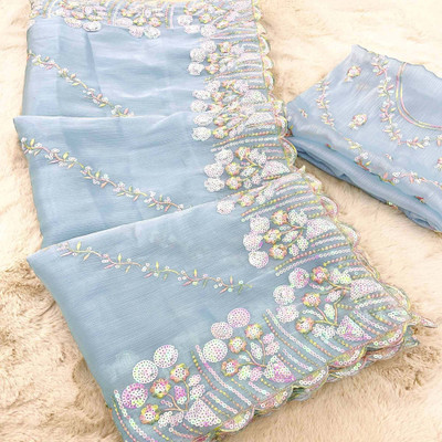 samu Embroidered Bollywood Organza Saree(Light Blue)