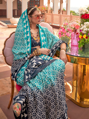 ANOUK Printed Ikkat Silk Blend Saree(Light Blue)
