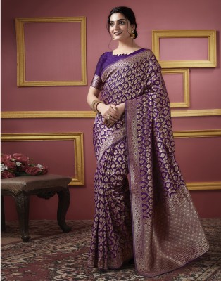 Samah Woven, Embellished, Self Design Banarasi Cotton Silk, Art Silk Saree(Purple, Gold)