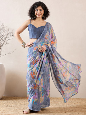 Tasrika Printed Pre Draped Saree Chiffon Saree(Grey)