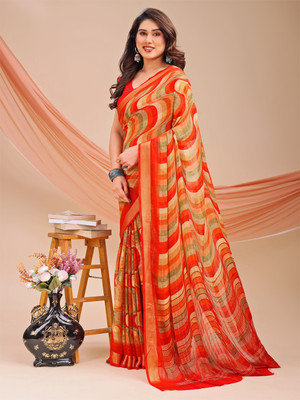 Dori Printed, Floral Print Bollywood Georgette Saree(Red)