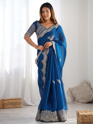 RHEY Embellished, Embroidered Bollywood Organza, Jimmy choo Saree(Blue)