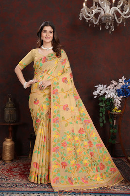 VELVETWARDROBE Printed Bollywood Silk Blend Saree(Beige)