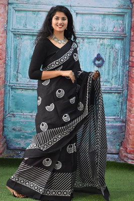 Kiaaron Printed Sambalpuri Pure Cotton Saree(Black)