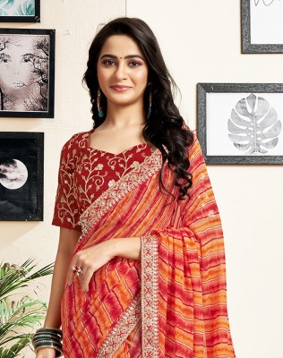 SIRIL Embroidered, Embellished, Printed Leheria Georgette Saree(Red, Orange)