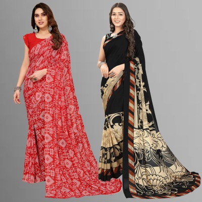 Anand Sarees Floral Print, Polka Print, Ombre, Printed Bollywood Georgette Saree(Pack of 2, Black, Beige, Red)