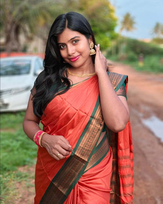 Paramparik Textile Woven Gadwal Cotton Silk Saree(Orange)