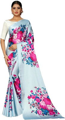 Fabian Fashion Floral Print, Digital Print Bollywood Satin Saree(Blue, Pink)