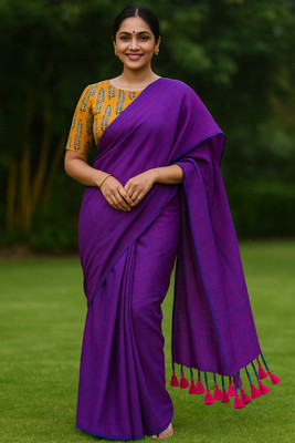 SMRITI CREATION Printed Tant Handloom Cotton Blend Saree(Purple)