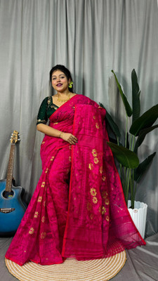 Mondal Saree Centre Embroidered Jamdani Cotton Silk Saree(Pink)