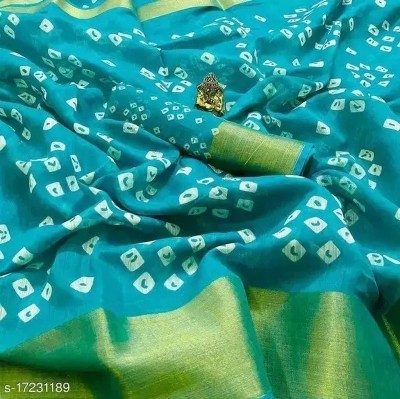 Grubstaker Printed Bandhani Cotton Linen Saree(Light Blue)