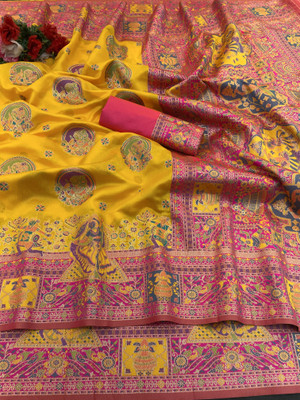 DEV SHREE SILK Woven, Embellished, Temple Border Banarasi Jacquard Saree(Yellow)