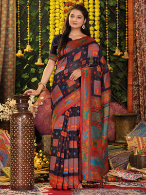 PANZORA Woven Patola Cotton Linen Saree(Dark Blue)
