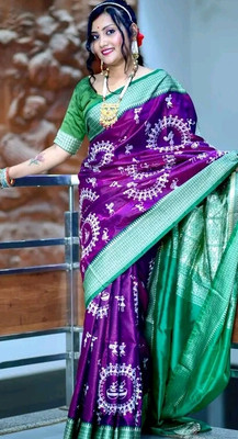 HouseOfCommon Temple Border Narayanpet Handloom Satin Saree(Purple)