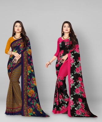 kashvi sarees Printed Daily Wear Georgette Saree(Pack of 2, Blue, Black, Yellow, Cream)