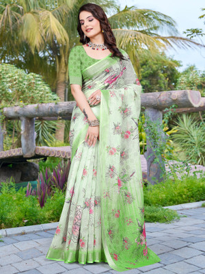 Anouk Rustic Digital Print Chinnalapattu Cotton Linen Saree(Light Green)