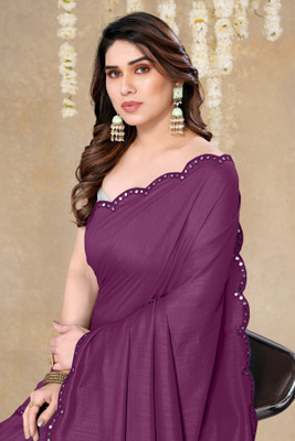 MIRCHI FASHION Solid/Plain, Embellished Daily Wear Silk Blend Saree(Purple)