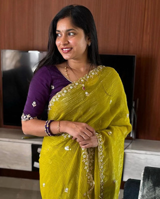 KanjiQueen Self Design, Embellished, Embroidered Saree with Attached Blouse Chiffon, Silk Blend Saree(Light Green, Purple)