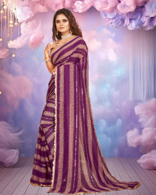 Jayu Striped Bollywood Georgette Saree(Purple, Beige)