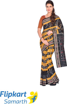 handloom paridhaan Printed Ikkat Pure Cotton Saree(Yellow)