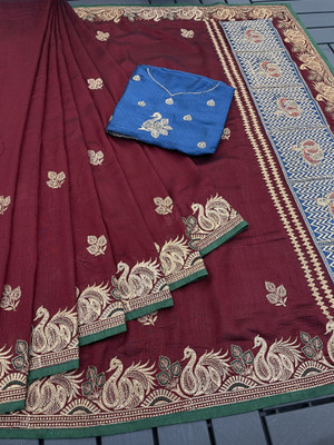 CHAMUNDA CREATION Embroidered Bollywood Pure Silk Saree(Maroon)