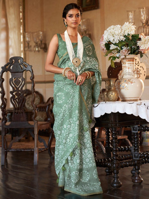 paras designer Printed Bollywood Linen Saree(Dark Green)
