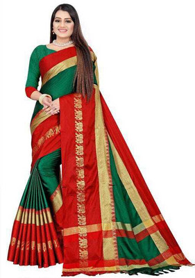 New Age Hub Woven Paithani Cotton Silk Saree(Dark Green)