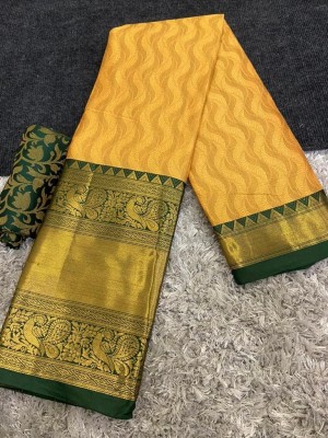 SHWENILA Woven Daily Wear Cotton Silk Saree(Yellow, Dark Green)