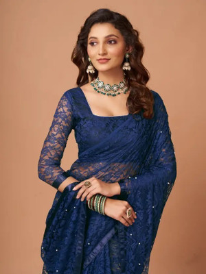 Aamvii Floral Print Bollywood Net Saree(Dark Blue)