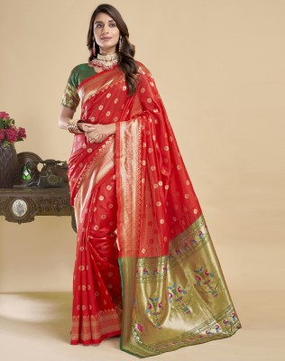 SIRIL Dyed, Woven, Self Design Banarasi Silk Blend Saree(Red, Gold)