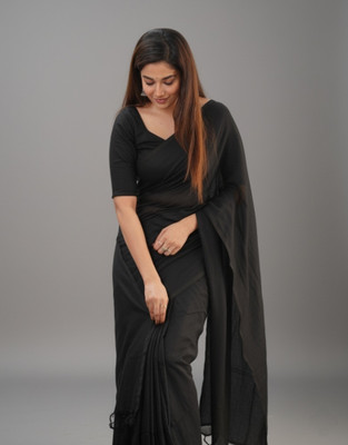 Trndysares Solid/Plain Handloom Handloom Cotton Blend Saree(Black)