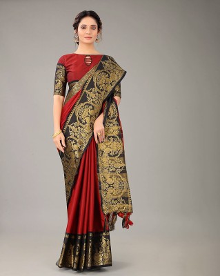 Fashion Club Collection Self Design, Solid/Plain Banarasi Cotton Silk, Jacquard Saree(Red)