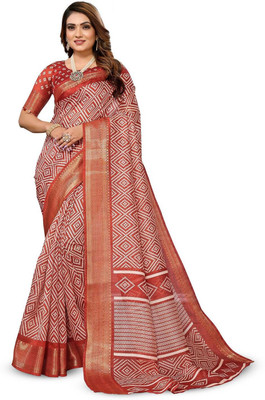 Moda Rapido Printed Bandhani Cotton Blend Saree(Orange)