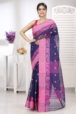 GitAsit Self Design Tant Pure Cotton Saree(Blue)
