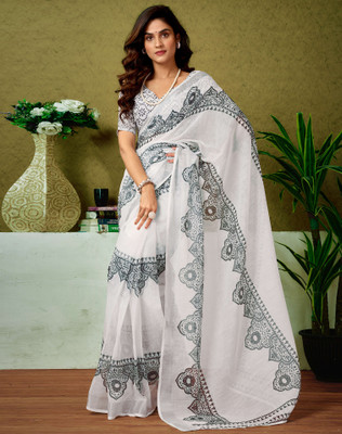 SIRIL Floral Print, Printed, Embellished Bollywood Linen Saree(White, Black)