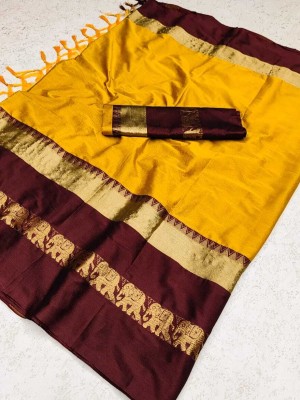 riddhi shivaay feb Woven Banarasi Cotton Silk Saree(Mustard)