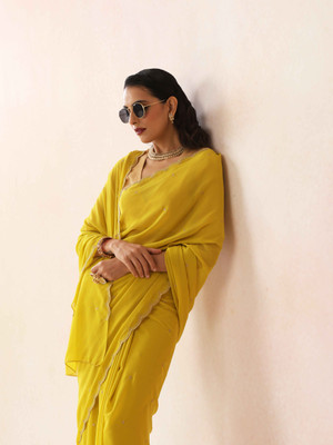 TrueBrowns Embroidered Daily Wear Georgette Saree(Yellow)