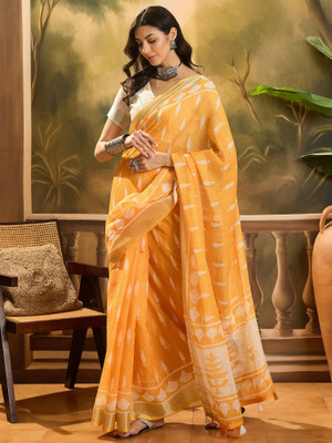 Blissta Printed Kalamkari Linen Saree(Yellow)