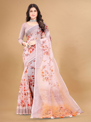 ANOUK Printed Saree with Attached Blouse Linen Saree(Beige)