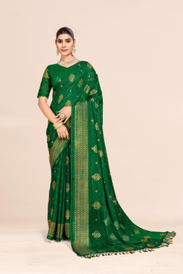 Sanskriti Synthetics Printed Handloom Chiffon Saree(Green)