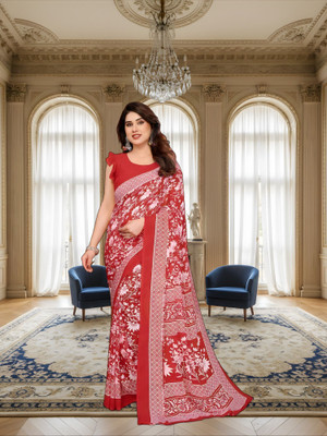 SmittenSmit Printed Bollywood Georgette Saree(Red, White)