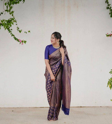 HouseOfCommon Striped Banarasi Pure Silk Saree(Blue)